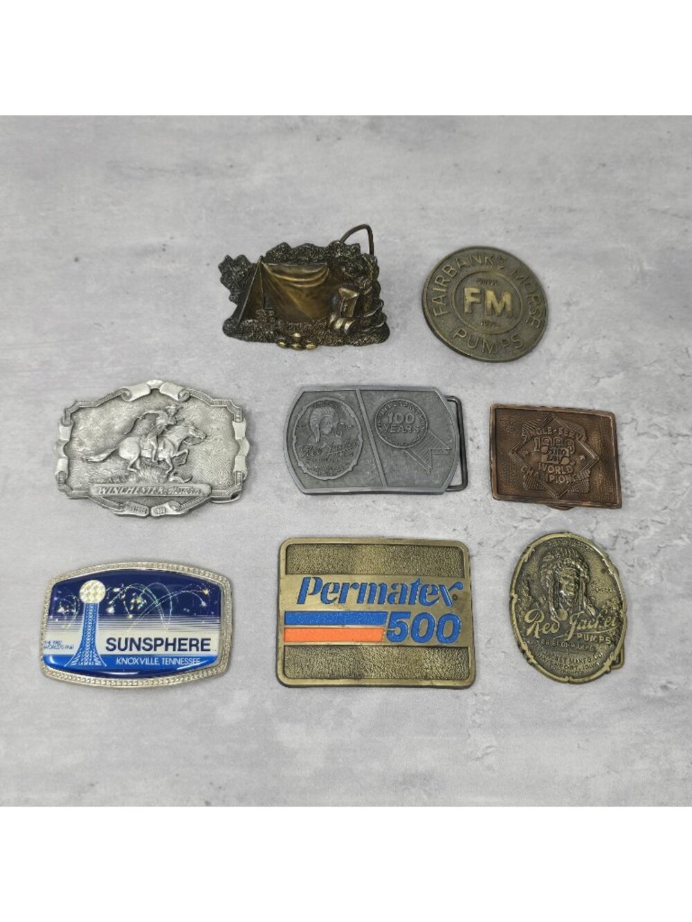 Lot Vtg Belt Buckles Pumps Winchester Camping Tent Permatex Frito Lay World Fair